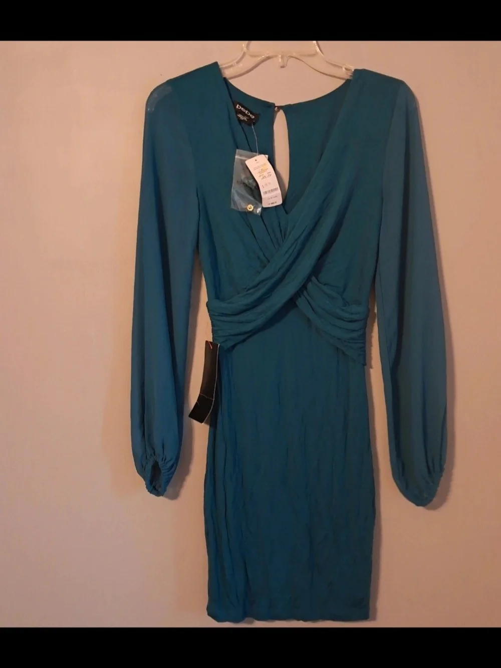 bebe Teal Long-Sleeve Draped Faux-Wrap Dress